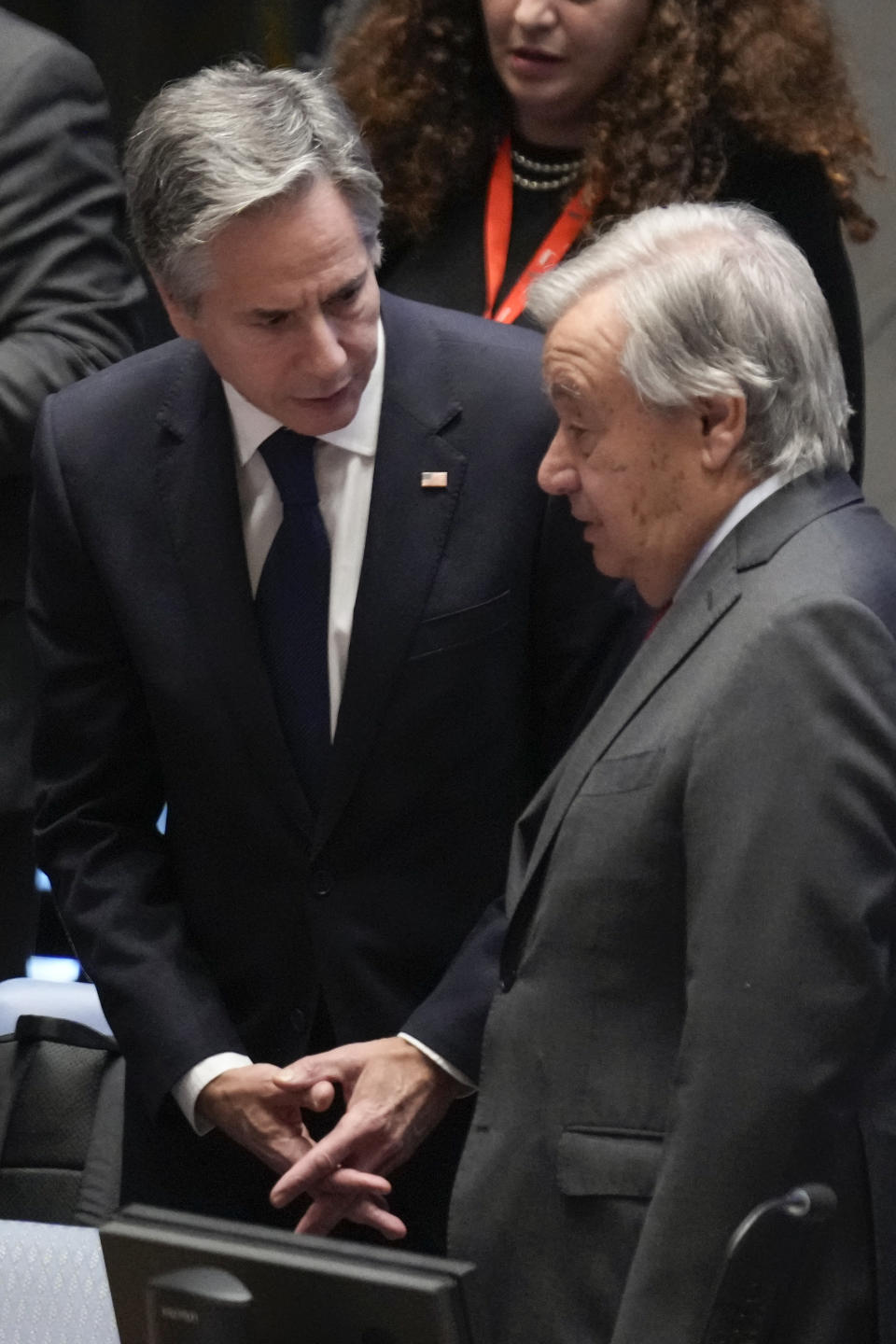 U.S. Secretary of State Antony Blinken, left, talks with United Nations Secretary-General Antonio Guterres before a Security Council meeting at United Nations headquarters, Tuesday, Oct. 24, 2023. (AP Photo/Seth Wenig)