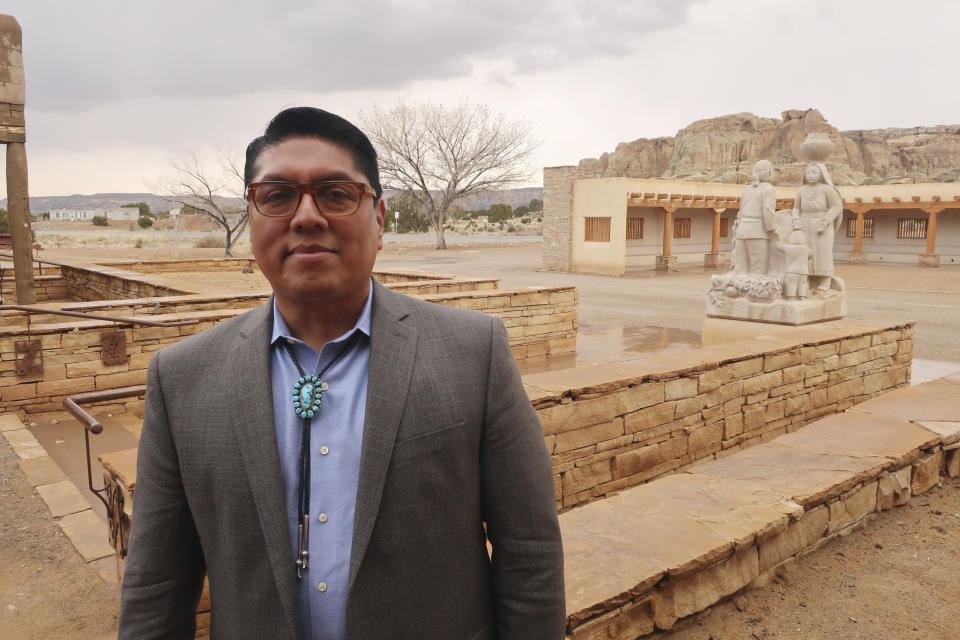 Acoma Pueblo Gov. Brian Vallo poses outside the pueblo's cultural center Thursday, March 21, 2019, about 60 miles west of Albuquerque, New Mexico. Native American leaders are banding together to pressure U.S. officials to prevent oil and gas exploration around Chaco Culture National Historical Park, which features the remnants of an ancient civilization. (AP Photo/Felicia Fonseca)