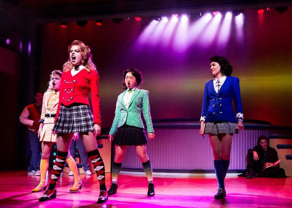 This image released by Vivacity Media Group shows the cast in a scene from the musical "Heathers" performing at New World Stages in New York. (AP Photo/Vivacity Media Group, Chad Batka)