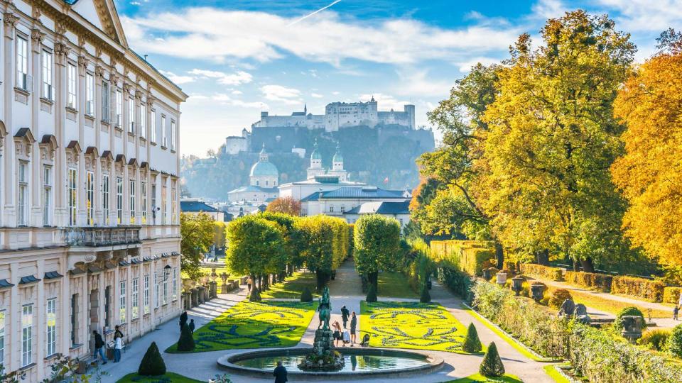 Famous Mirabell Gardens with historic Fortress in Salzburg, Austria