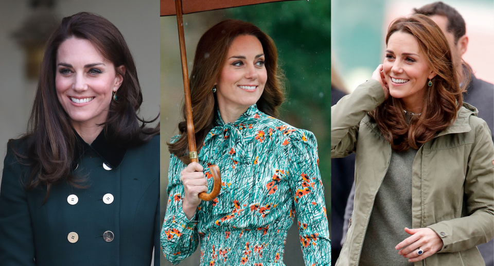 Kate Middleton wearing green Monica Vinader earrings (Getty).