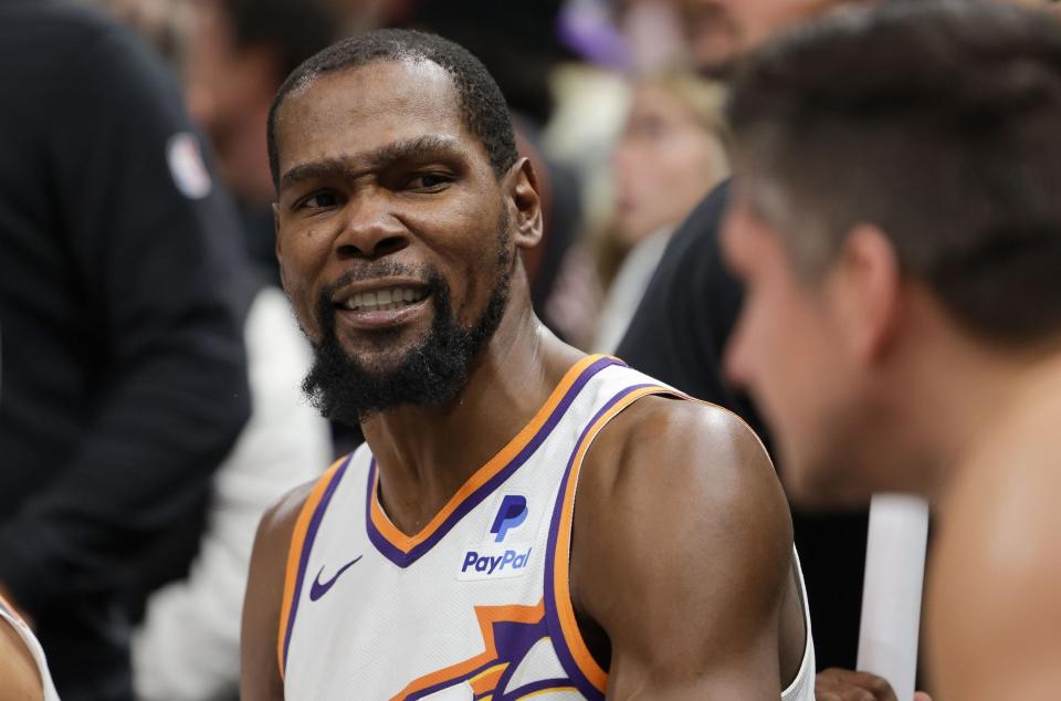 Nov 19, 2023; Salt Lake City, Utah, USA; Phoenix Suns forward Kevin Durant (35) during a time-out in the second half against the Utah Jazz at Delta Center. Mandatory Credit: Chris Nicoll-USA TODAY Sports