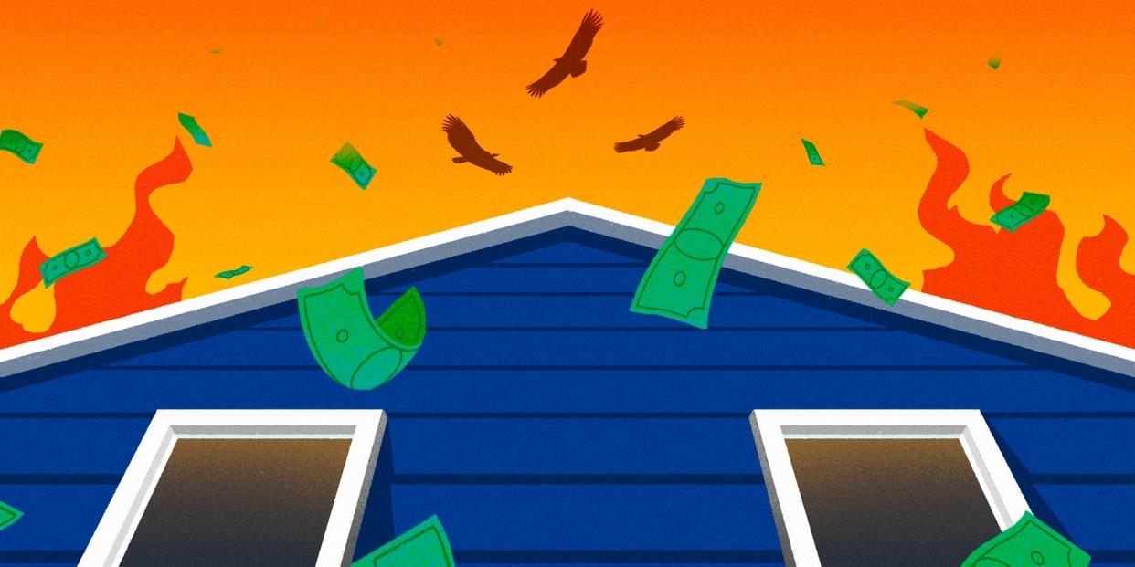 A house on fire being circled by vultures while money falls from the sky