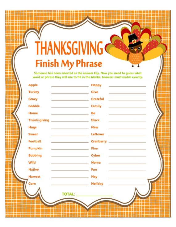 Thanksgiving Finish My Phrase Game