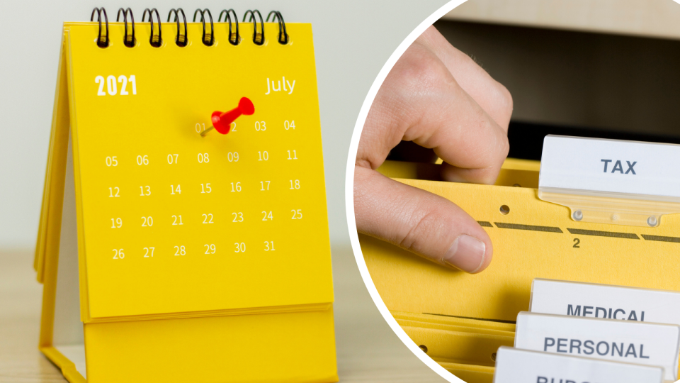 (Left) Calendar marking July 1, (Right) person pulls out file labelled 'Tax' 