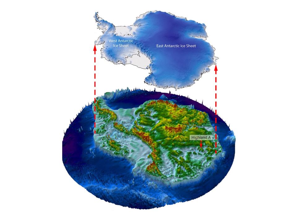 An illustration of a landscape in Wilkes Land, East Antarctica with the ice sheet covering it removed and hovering above it