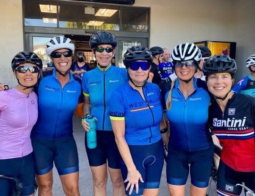 Karen Malisa, second from left, is seen in this 2023 photo with other members of the West Valley Cycle group. Malisa was riding with the group when she and 21 others were struck Saturday, Feb. 25, 2023 in Goodyear by a truck, killing her and another bicyclist.