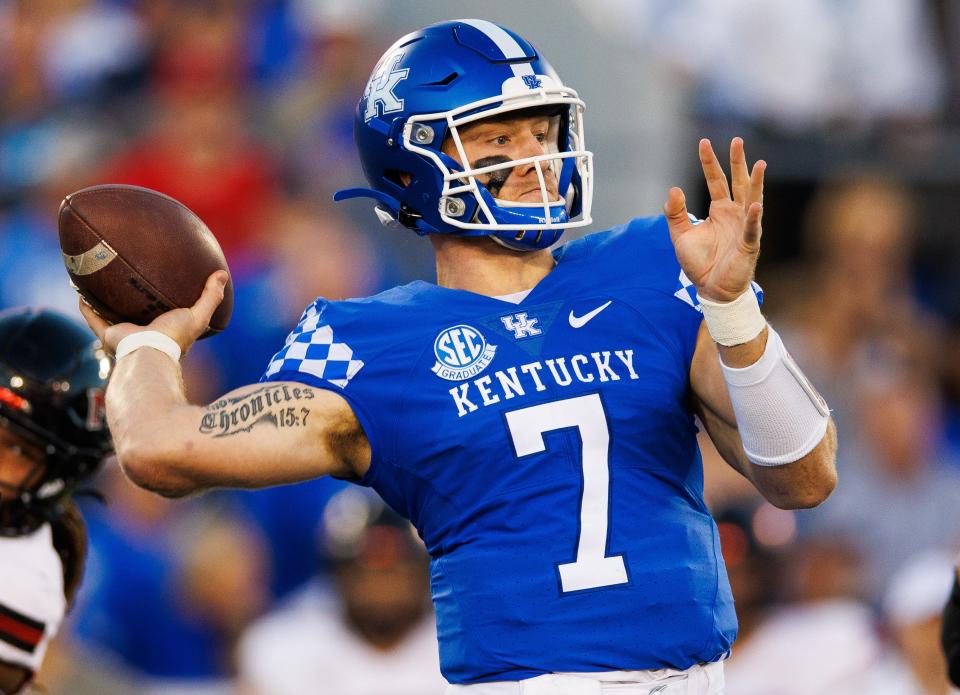 Kentucky Wildcats quarterback Will Levis (7) throws a pass during the first quarter against the Northern Illinois Huskies at Kroger Field.