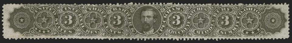 A 3-cent tax stamp featuring a portrait of industrialist O.C. Barber was issued from 1865 to 1867 in the Ohio village of Middlebury, now a neighborhood in Akron.