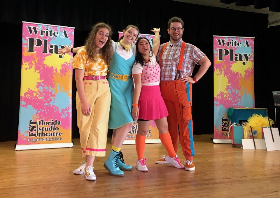 From left Madison VandenOever, Blair Lamb, Regina Famatigan and Sammy Pontello performing “The Write Stuff” during the 2022 Florida Studio Theatre Playmakers tour.