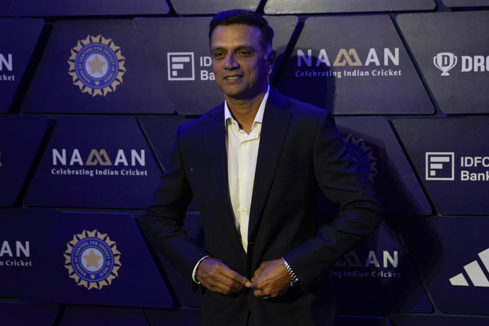 Indian cricket coach Rahul Dravid poses during the Board of control of cricket in India (BCCI) Awards blue carpet in Hyderabad, India, Tuesday, Jan. 23, 2024. (AP Photo/Mahesh Kumar A.)
