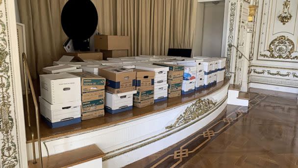 PHOTO: A photo contained in the indictment released on June 9, 2023, from the U.S. Southern District of Florida, shows boxes of potentially sensitive documents that were found at Mar-a-Lago in Palm Beach, Fla. (DOJ via US Southern District of Florida)