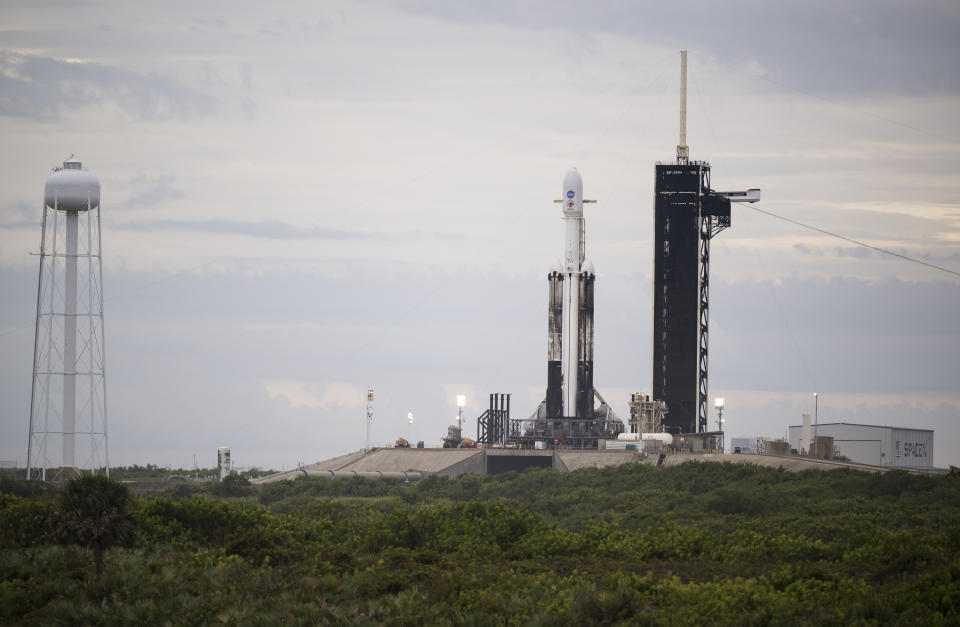 A SpaceX Falcon Heavy rocket with the Psyche spacecraft onboard is seen at Launch Complex 39A as preparations continued for the Psyche mission.