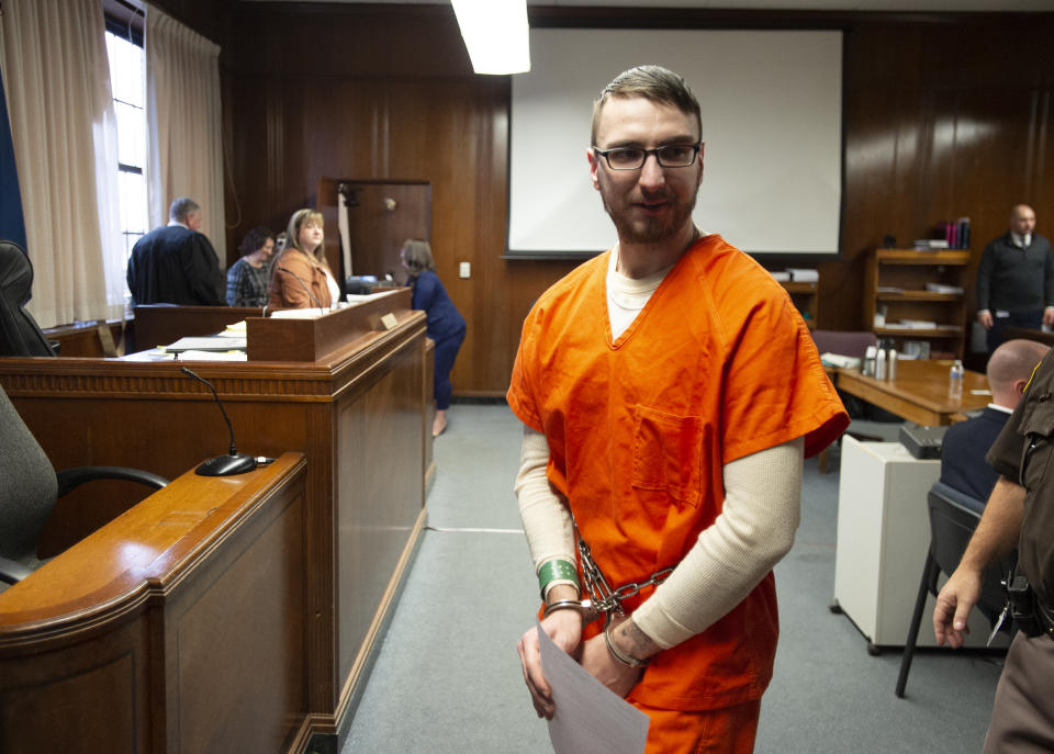 Paul Bellar leaves the courtroom afer sentencing in front of Jackson County Circuit Court Judge Thomas Wilson on Thursday, Dec. 15, 2022 in Jackson, Mich. Paul Bellar, Joseph Morrison and Pete Musico were accused of being involved in a plot to kidnap Michigan Gov. Gretchen Whitmer. The judge on Thursday handed down the longest prison terms so far in the plot to kidnap Michigan's governor, sentencing three men who forged an early alliance with a leader of the scheme before the FBI broke it up in 2020. ( J. Scott Park/Jackson Citizen Patriot via AP)