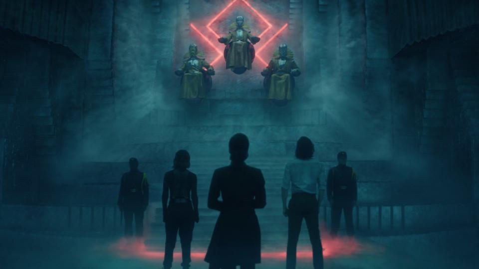 Loki and others standing before the Time Keepers in Loki Season 1