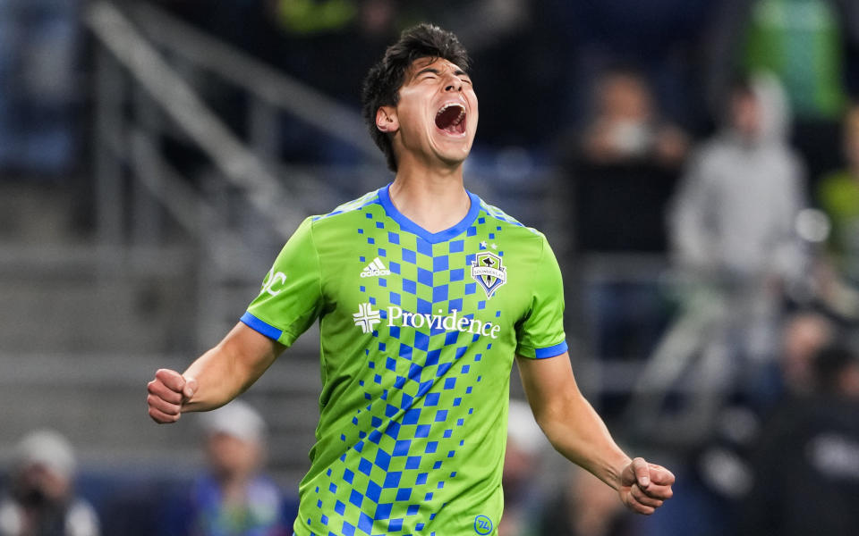 Seattle Sounders midfielder Josh Atencio reacts after his shot on goal against FC Dallas missed during the first half of an MLS playoff soccer match Monday, Oct. 30, 2023, in Seattle. (AP Photo/Lindsey Wasson)