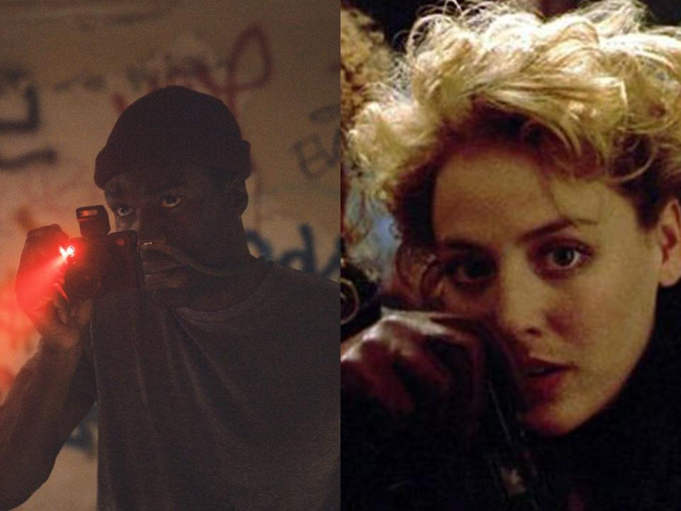 A side-by-side image of Anthony McCoy holding a camera in the new "Candyman," and Helen Lyle holding a camera in the 1992 version.