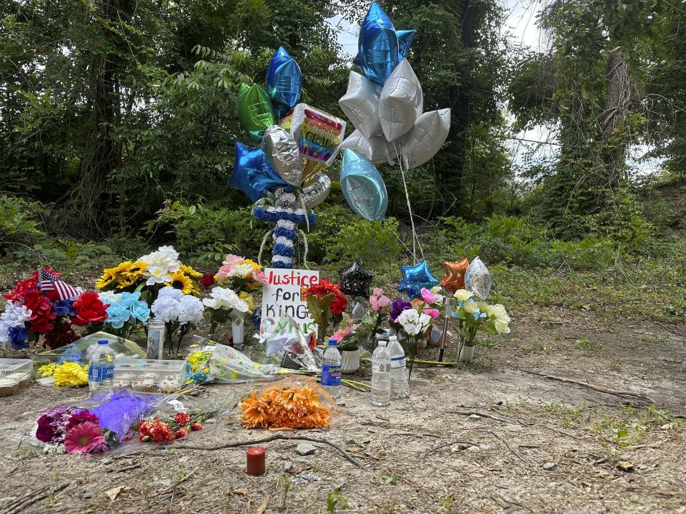 A memorial for Cyrus Carmack-Belton is seen on Thursday, June 1, 2023, in Columbia, S.C. Authorities said Carmack-Belton, 14, was shot and killed by a store owner who wrongly suspected him of shoplifting. (AP Photo/Jeffrey Collins)