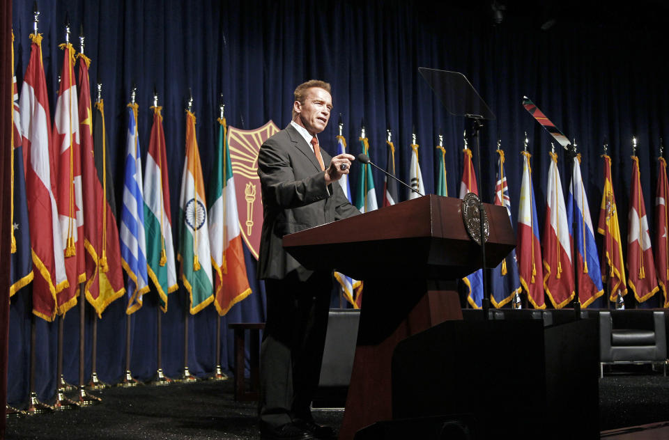 Former California Gov. Arnold Schwarzenegger delivers the keynote address at the inaugural symposium sponsored by the Schwarzenegger Institute for State and Global Policy, at the University of Southern California in Los Angeles Monday, Sept. 24, 2012. (AP Photo/Reed Saxon)