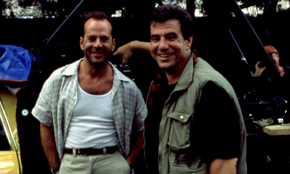 John McTiernan with Bruce Willis on the set of Die Hard With A Vengeance (Credit: Rex Features)