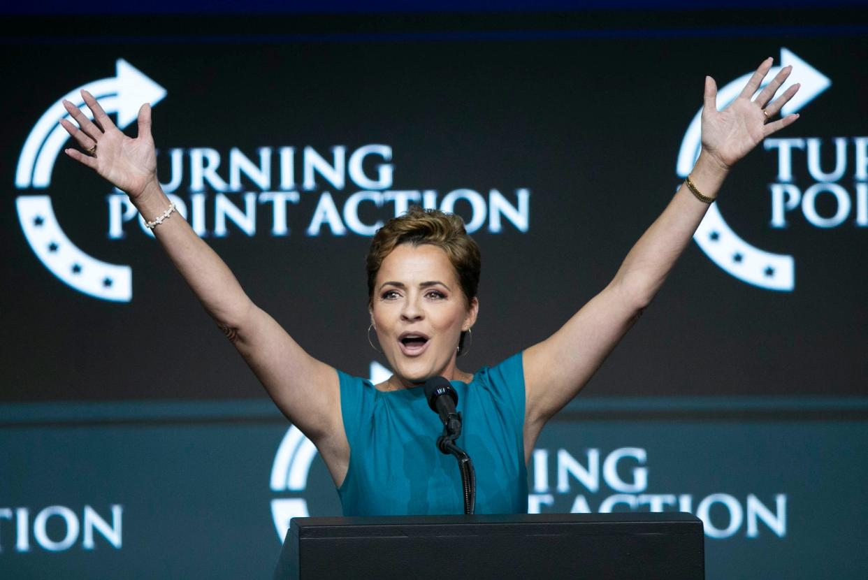 Kari Lake, the former Fox 10 news anchor and Republican candidate for Arizona governor, speaks during the Turning Point Action event at the Arizona Federal Theatre in Phoenix on July 24, 2021. Former President Donald Trump spoke later during the event. This is Trump's first post-presidency visit to Arizona.