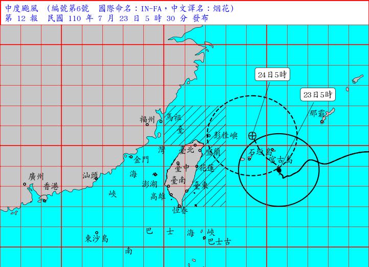 ▲「烟花」颱風23日5時的中心位置在北緯 23.8 度，東經 125.6 度，即在臺北的東南東方約 440 公里之海面上。（圖/氣象局提供）