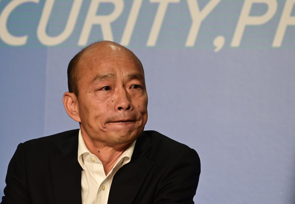 Kuomintang (KMT) party's presidential candidate Han Kuo-yu reacts during a briefing at the Taiwan Foreign Correspondents Club (TFCC) in Taipei on November 14, 2019. (Photo by Sam Yeh / AFP) (Photo by SAM YEH/AFP via Getty Images)