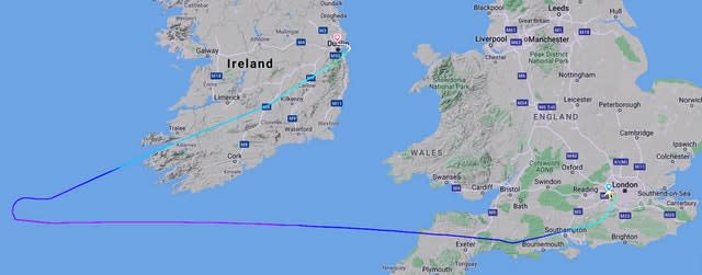 Screen grabbed image taken from the Flightradar24 website showing the path of American Airlines flight 729 on October 21 (Flightradar24/PA)