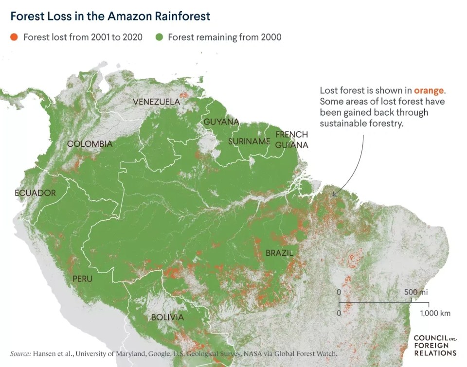 Scientists estimate that 17%-20% of the Amazon has been destroyed over the past 50 years. Some researchers believe that at 20%-25% deforestation, the forest’s wet, tropical climate could begin to dry out in a phenomenon known as ‘dieback.’ <a href="https://www.cfr.org/in-brief/deforestation-brazils-amazon-has-reached-record-high-whats-being-done" rel="nofollow noopener" target="_blank" data-ylk="slk:Council on Foreign Relations;elm:context_link;itc:0;sec:content-canvas" class="link ">Council on Foreign Relations</a>, <a href="http://creativecommons.org/licenses/by-nd/4.0/" rel="nofollow noopener" target="_blank" data-ylk="slk:CC BY-ND;elm:context_link;itc:0;sec:content-canvas" class="link ">CC BY-ND</a>