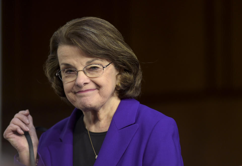 FILE - The Senate Judiciary Committee's ranking member Sen. Dianne Feinstein, D-Calif. returns on Capitol Hill in Washington, March 22, 2017, to hear testimony from Supreme Court Justice nominee Neil Gorsuch. Feinstein is not seeking reelection in 2024. Her announcement Tuesday signals the end of a groundbreaking political career spanning six decades in which she shattered gender barriers and left a mark on political battles over reproductive rights, gun control and environmental protection. Feinstein was first elected to the Senate in 1992 and is the oldest member of Congress. (AP Photo/Susan Walsh, File)