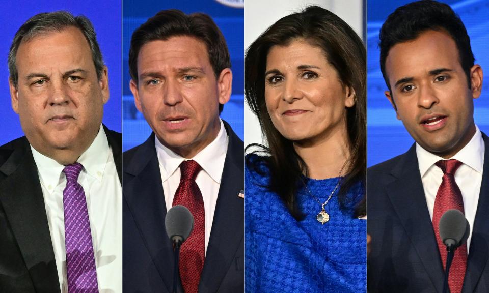 From left, former New Jersey Gov. Chris Christie, Florida Gov. Ron DeSantis, former U.S. Ambassador to the U.N. Nikki Haley and businessman Vivek Ramaswamy will take part in the fourth Republican primary debate on Dec. 6, 2023, in Tuscaloosa, Ala.