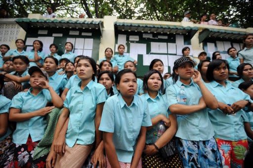 Myanmar labourers are seen gathering in protest outside the Mayangone township Labour administration office after they staged a walkout from their factory in Yangon, on May 9. Silenced for years under junta rule, Myanmar's workers are finding their voice to demand better pay -- with teething problems expected as staff and employers come to terms with unprecedented labour reform