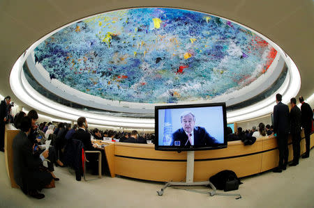 U.N. Secretary-General Antonio Guterres addresses the Human Rights Council at the United Nations in Geneva, Switzerland February 26, 2018. Picture taken with a fisheye lens. REUTERS/Denis Balibouse