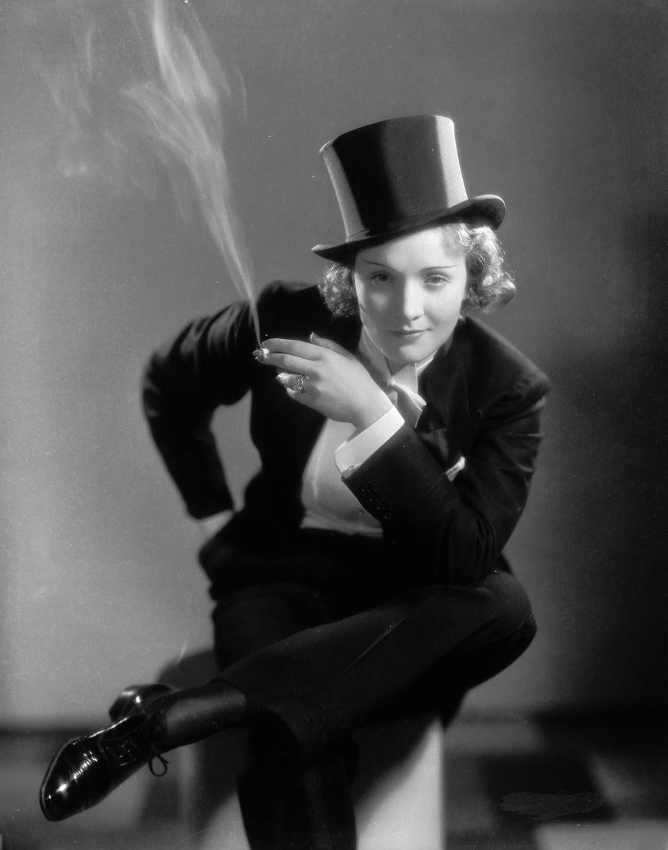 Dietrich dresses as the tuxedo clad Amy Jolly in the 1930 film "Morocco."&nbsp;