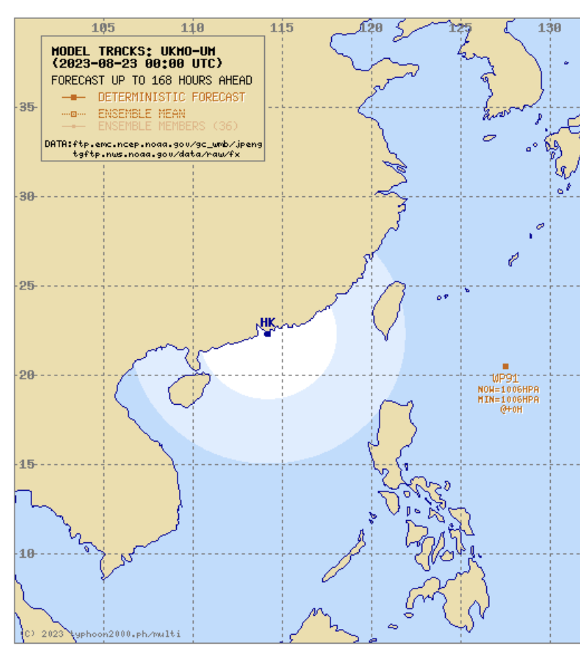 呂宋以東海域的低壓區（WP91）或會持續發展，天文台指隨後有機會影響華南沿岸至台灣一帶，但其路徑存在變數。（圖：typhoon2000.ph）