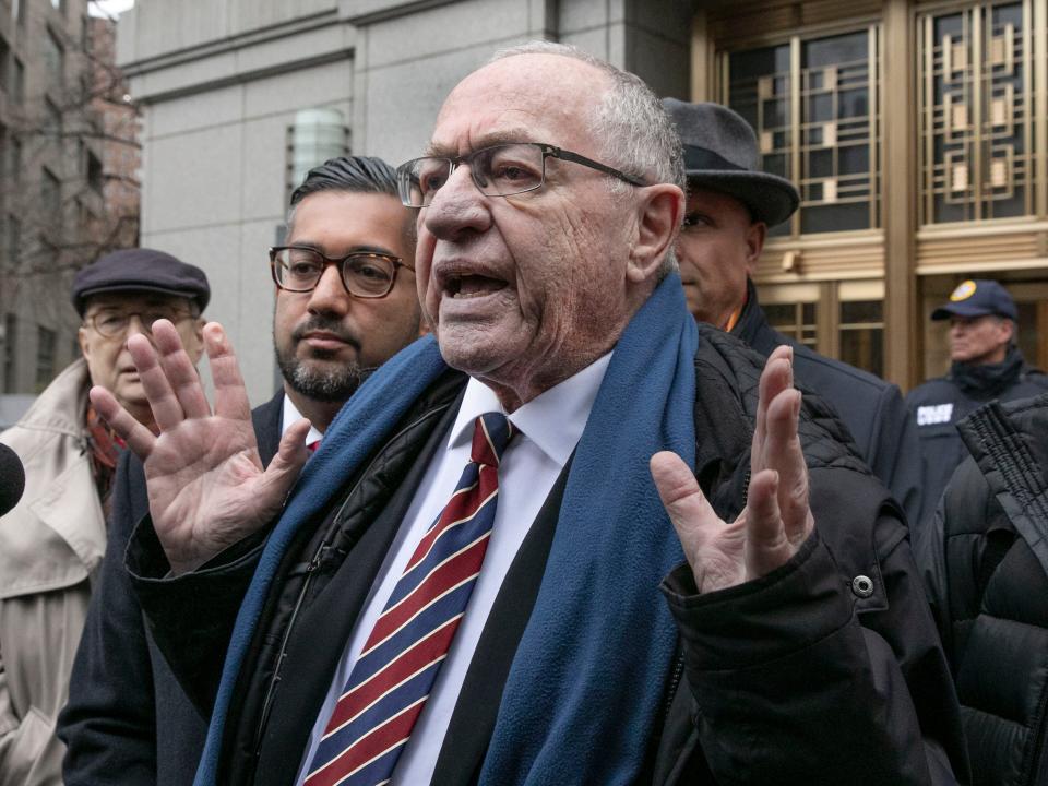 FILE - In this Dec. 2, 2019, file photo, attorney Alan Dershowitz talks to the press outside federal court, in New York. Retired law professor Alan Dershowitz says he hasn't changed at all and has a long history of representing people whose views he doesn't necessarily agree with. Dershowitz is part of President Donald Trump's defense team at the Senate impeachment trial. (AP Photo/Richard Drew, File)