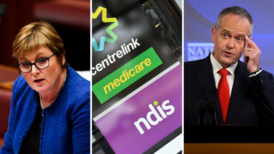 Left: NDIS Minister Linda Reynolds; right: Shadow Minister of Government Services Bill Shorten. (Source: Getty)