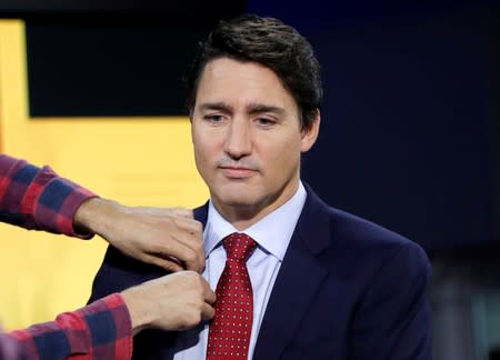 Liberal leader and Canadian Prime Minister Justin Trudeau attends an interview at CTV studio during an election campaign visit to Toronto