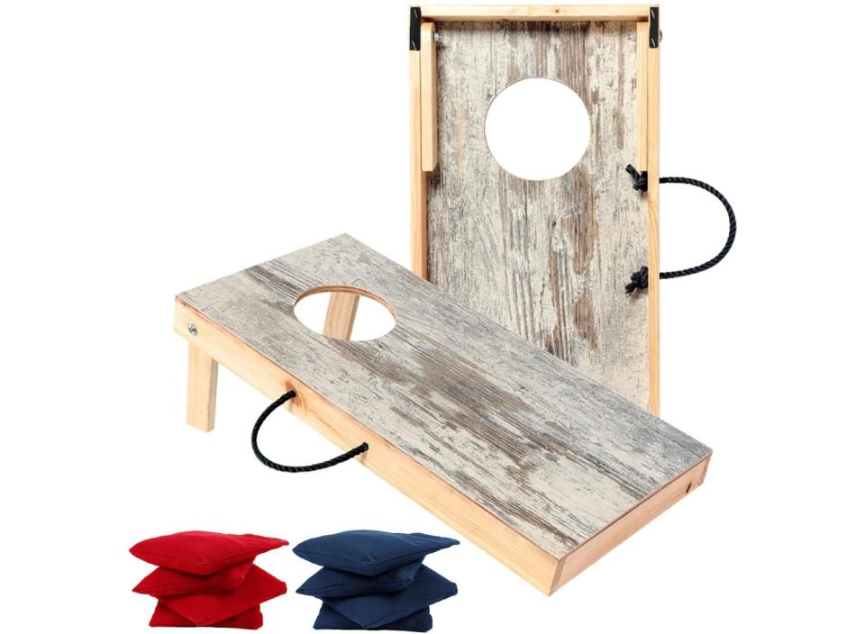 Have fun all summer long by playing a game of cornhole with these rustic boards from Tiannbu.  (Source: Amazon)