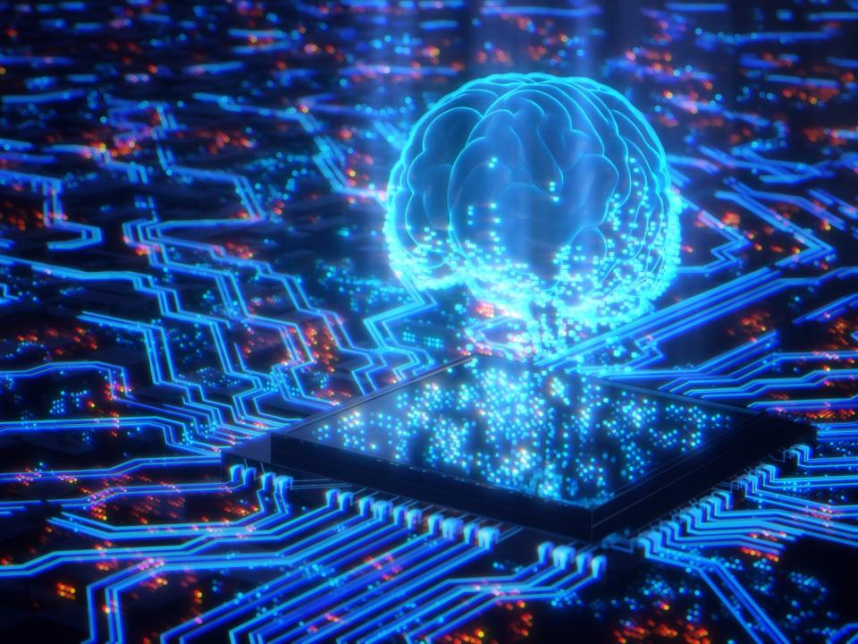 A 3D hologram of a brain displayed by a digital circuit and a semiconductor.