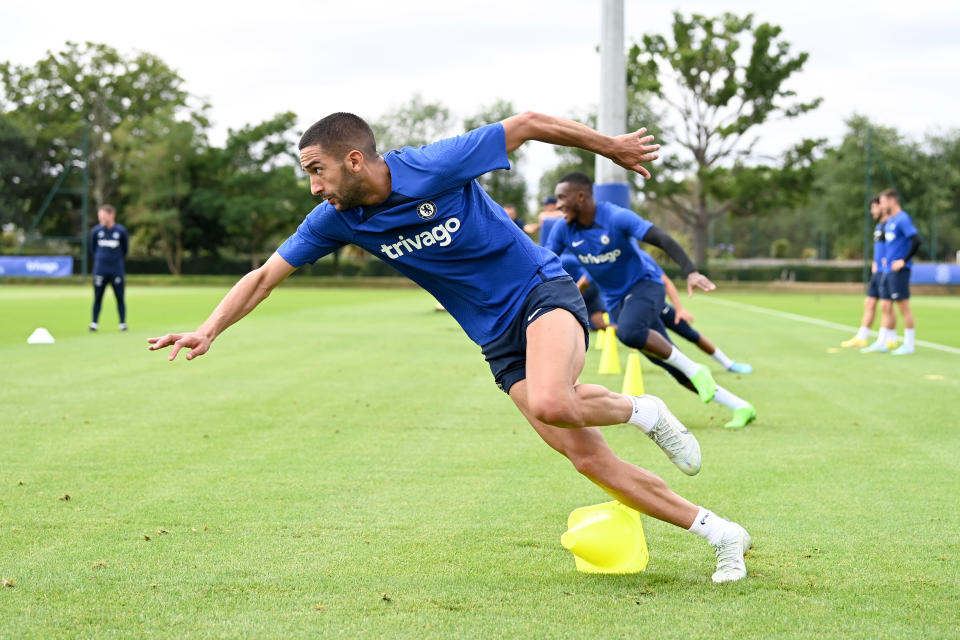 COBHAM, ENGLAND - AUGUST 03: Hakim Ziyech of Chelsea during a training session at Chelsea Training Ground on August 3, 2022 in Cobham, England. (Photo by Darren Walsh/Chelsea FC via Getty Images)