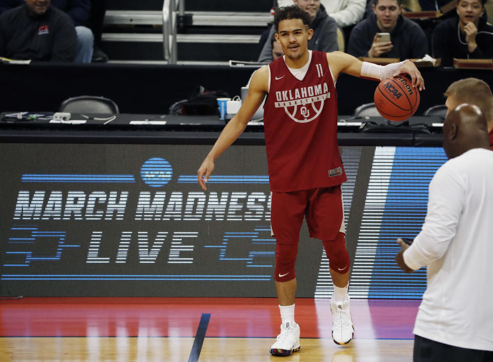 Oklahoma’s Trae Young participates in a practice for an NCAA men’s college basketball tournament first-round game, in Pittsburgh on Wednesday, March 14, 2018. Oklahoma plays Rhode Island on Thursday. (AP Photo/Gene J. Puskar)