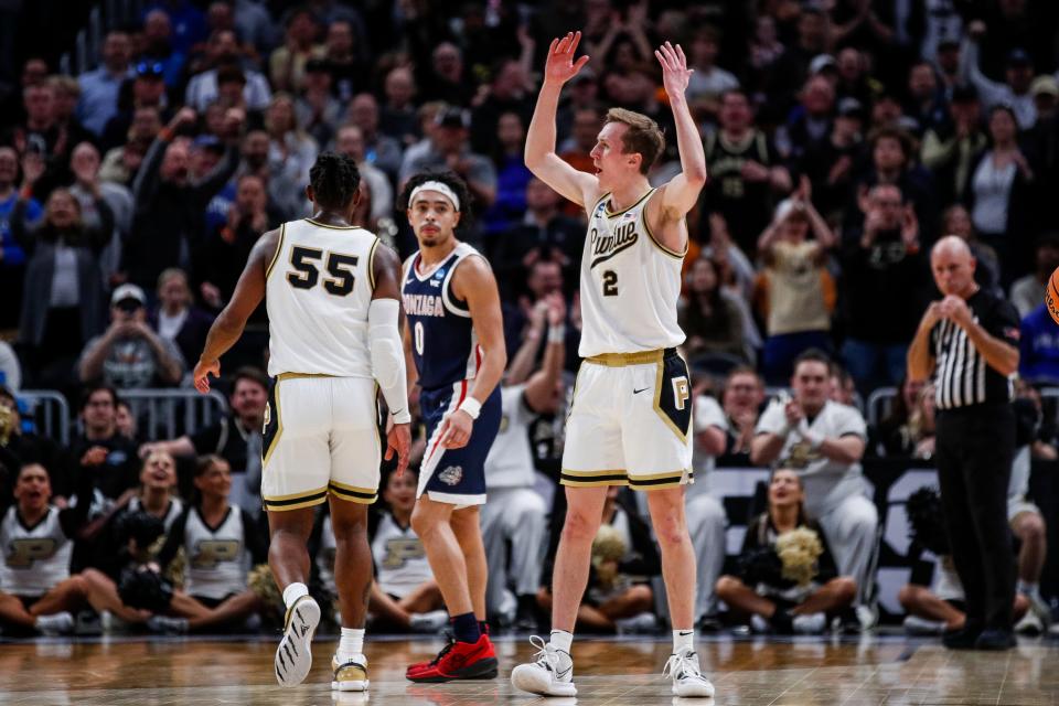 Purdue guard Fletcher Loyer (2) cheers on before a play against Gonzaga during the first half of the NCAA tournament Midwest Regional Sweet 16 round at Little Caesars Arena in Detroit on Friday, March 29, 2024.