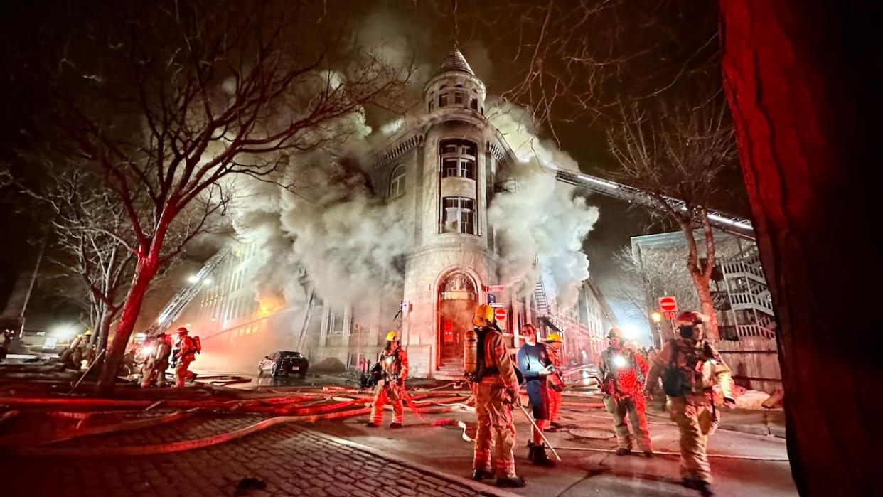 Seven people were killed in a fire that broke out in a three-storey building in Old Montreal on March 16. (Simon-Marc Charron/Radio-Canada - image credit)