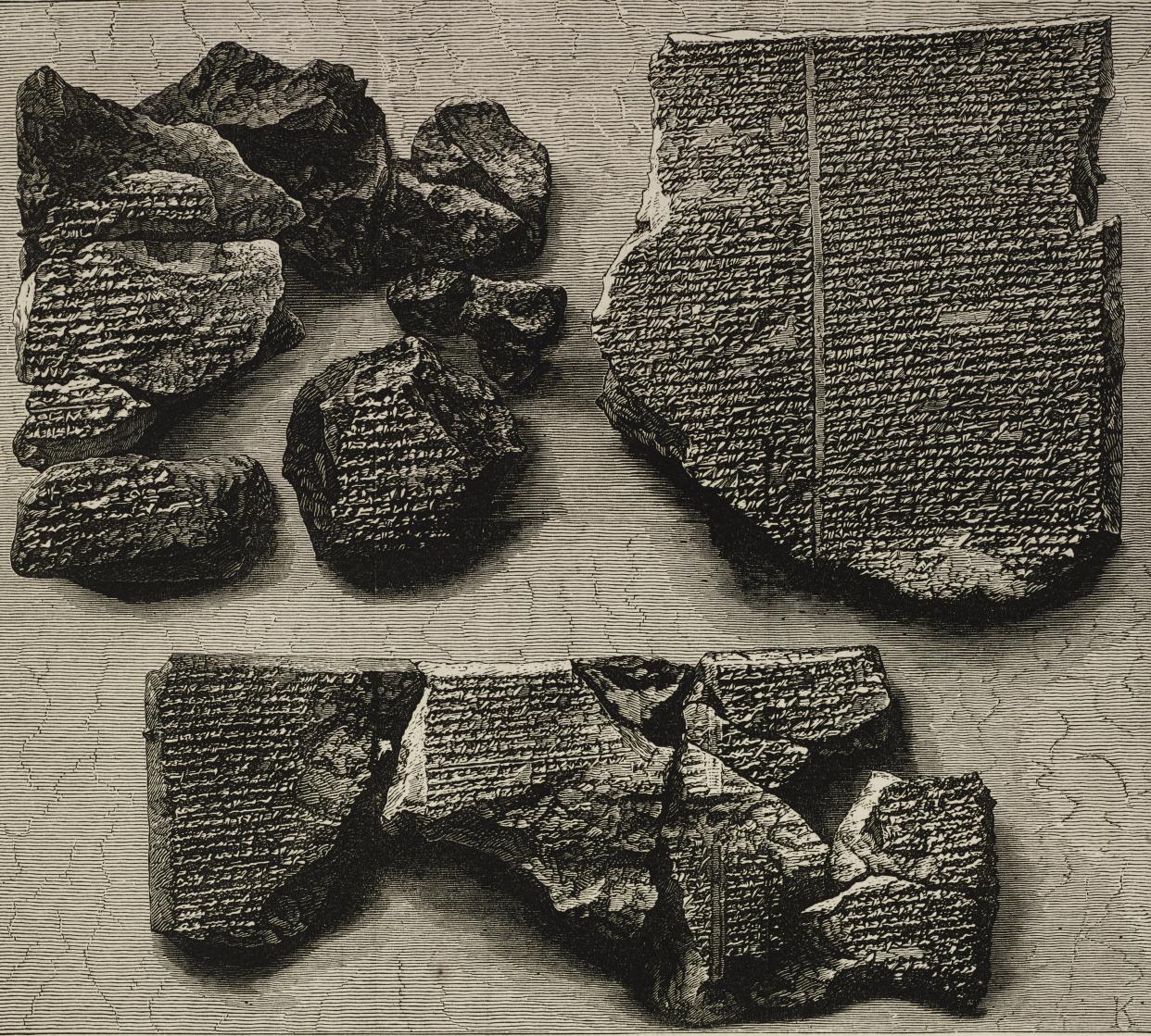 Inscribed stone, giving an account of the Great Flood, Epic of Gilgamesh tablet, from Nineveh, illustration from the magazine The Illustrated London News, volume LXIII, November 15, 1873.