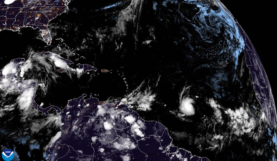 This National Oceanic and Atmospheric Administration satellite image taken at 3:10am GMT shows tropical storm Beryl, lower center right, as it strengthens over the Atlantic Ocean on Saturday, June 29, 2024. The storm could strengthen into the year's first hurricane before it reaches the Caribbean Sea early next week. (NOAA via AP)