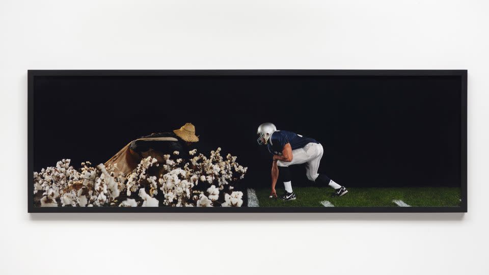Across his work, Thomas reframes iconic and mundane imagery to connect viewers to historical moments of resistance and reshape our understanding of who counts in society. Here, a pro-football player appears to face off with an enslaved cotton picker, in Thomas' work "From Cain't See in the Mornin' Til Cain't See at Night." - Aaron Wessling/Courtesy of Jordan Schnitzer Family