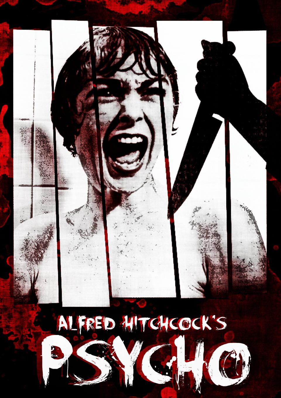 Poster image for the movie "Psycho" depicting Janet Leigh in the shower screaming as a hand with a kitchen knife looms over her