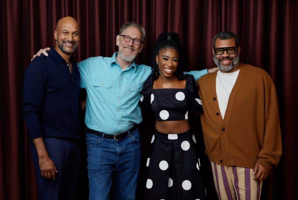 Henry Selick (second from left) co-writer and director of the stop-motion animated film “Wendell & Wild,” poses for a portrait with voice cast members Keegan-Michael Key (left) and Lyric Ross (second from right) and co-writer/co-producer/cast member Jordan Peele during the 2022 Toronto International Film Festival, Sunday, Sept. 11, 2022, at the Shangri-La Hotel in Toronto. (AP Photo/Chris Pizzello)