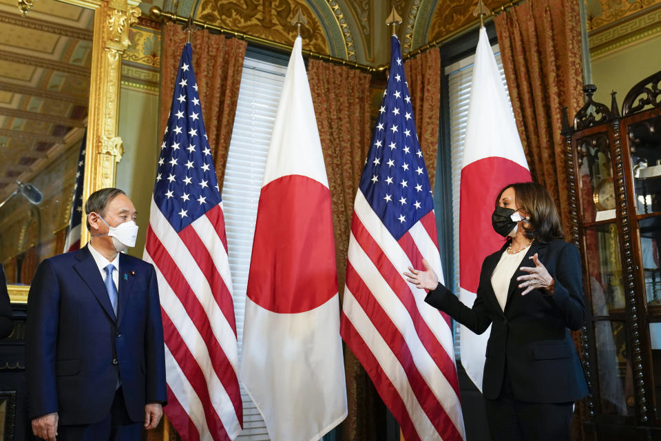 Vice President Kamala Harris meets with Japanese Prime Minister Yoshihide Suga in the ceremonial office in Eisenhower Executive Office Building in Washington Friday, April 16, 2021. (AP Photo/Susan Walsh)